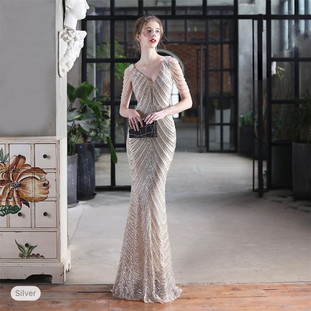 Mermaid V neck sparkle beaded wedding guest dress / evening party dress / gown